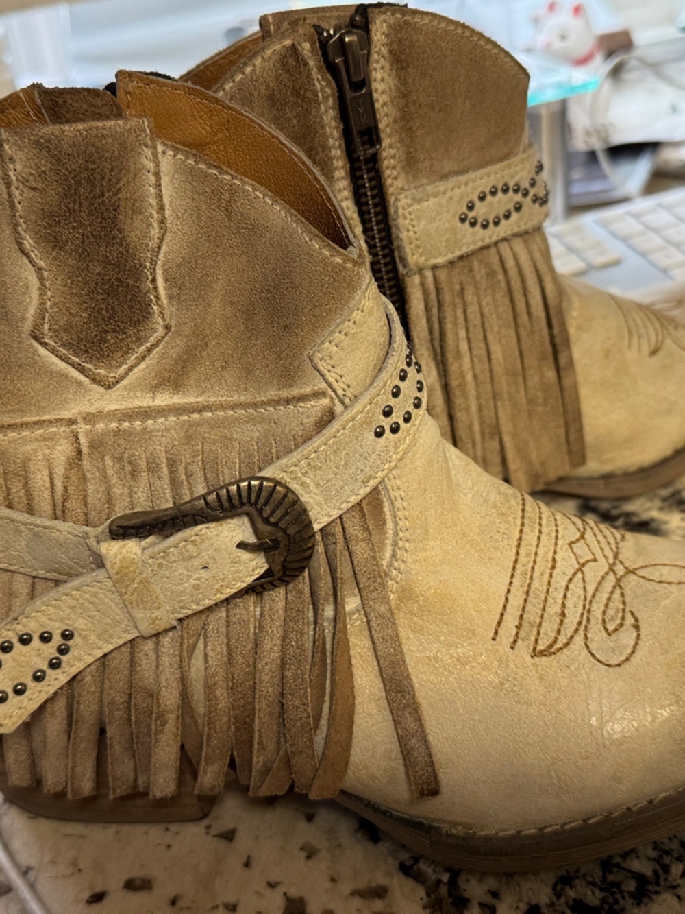 Sterling River distressed leatherFringe Ankle Booties in Tan with Studded Strap